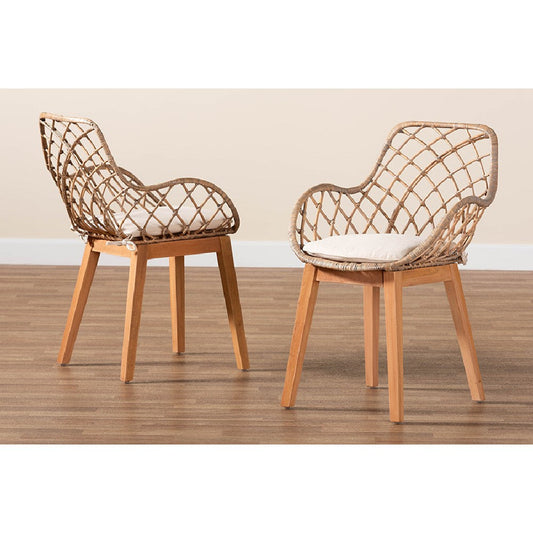 bali & pari Ballerina Modern Bohemian Greywashed Rattan and Natural Brown Finished Wood 2-Piece Dining Chair Set