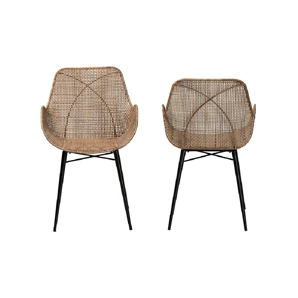bali & pari Ballerina Modern Bohemian Greywashed Rattan and Black Metal 2-Piece Dining Chair Set WHI-Balerina3-Light-Grey-Rattan-DC