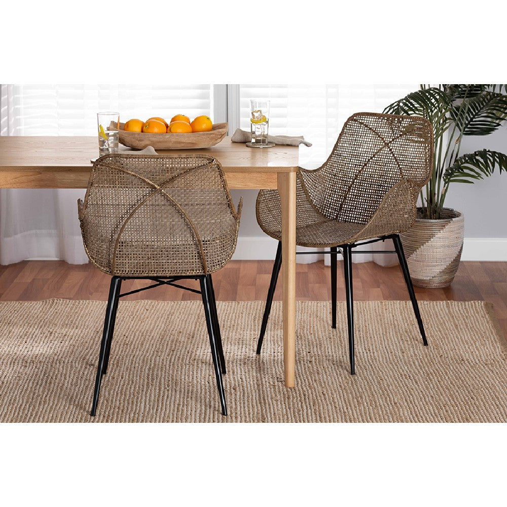 bali & pari Ballerina Modern Bohemian Greywashed Rattan and Black Metal 2-Piece Dining Chair Set WHI-Balerina3-Light-Grey-Rattan-DC