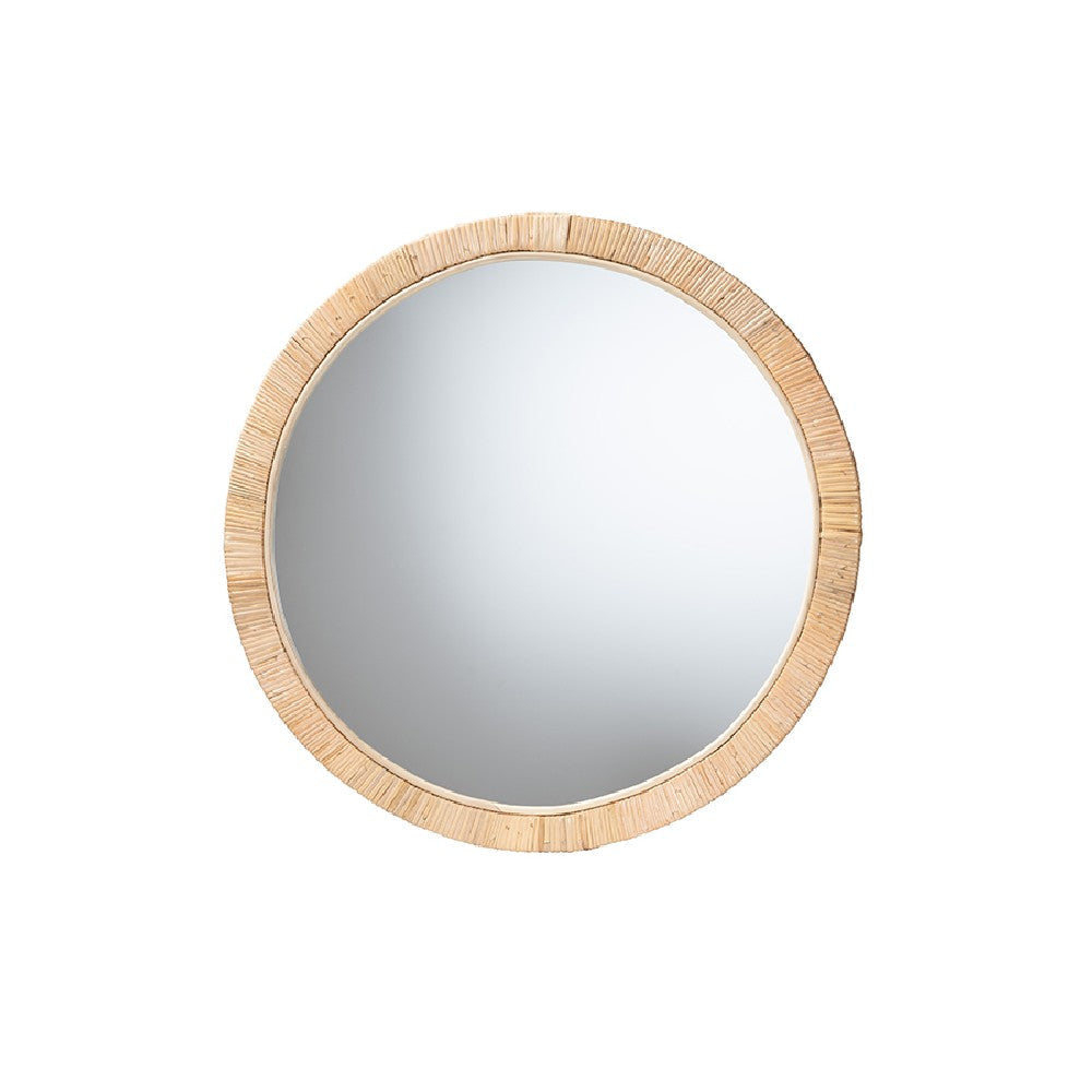 bali & pari Bella Modern Bohemian Natural Brown Mahogany Wood and Natural Rattan Round Mirror WHI-Bella-Hardwood-Round-Mirror