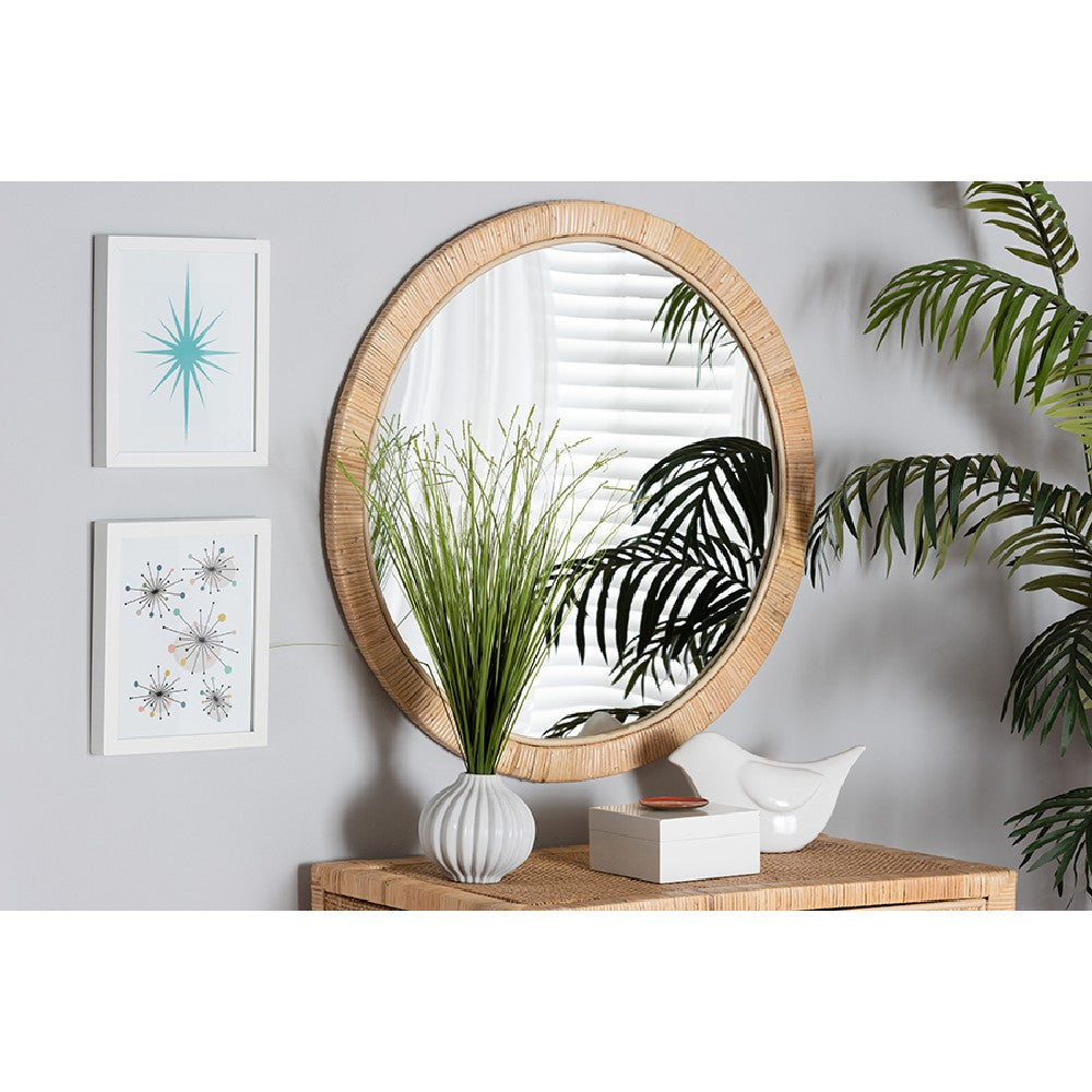 bali & pari Bella Modern Bohemian Natural Brown Mahogany Wood and Natural Rattan Round Mirror WHI-Bella-Hardwood-Round-Mirror
