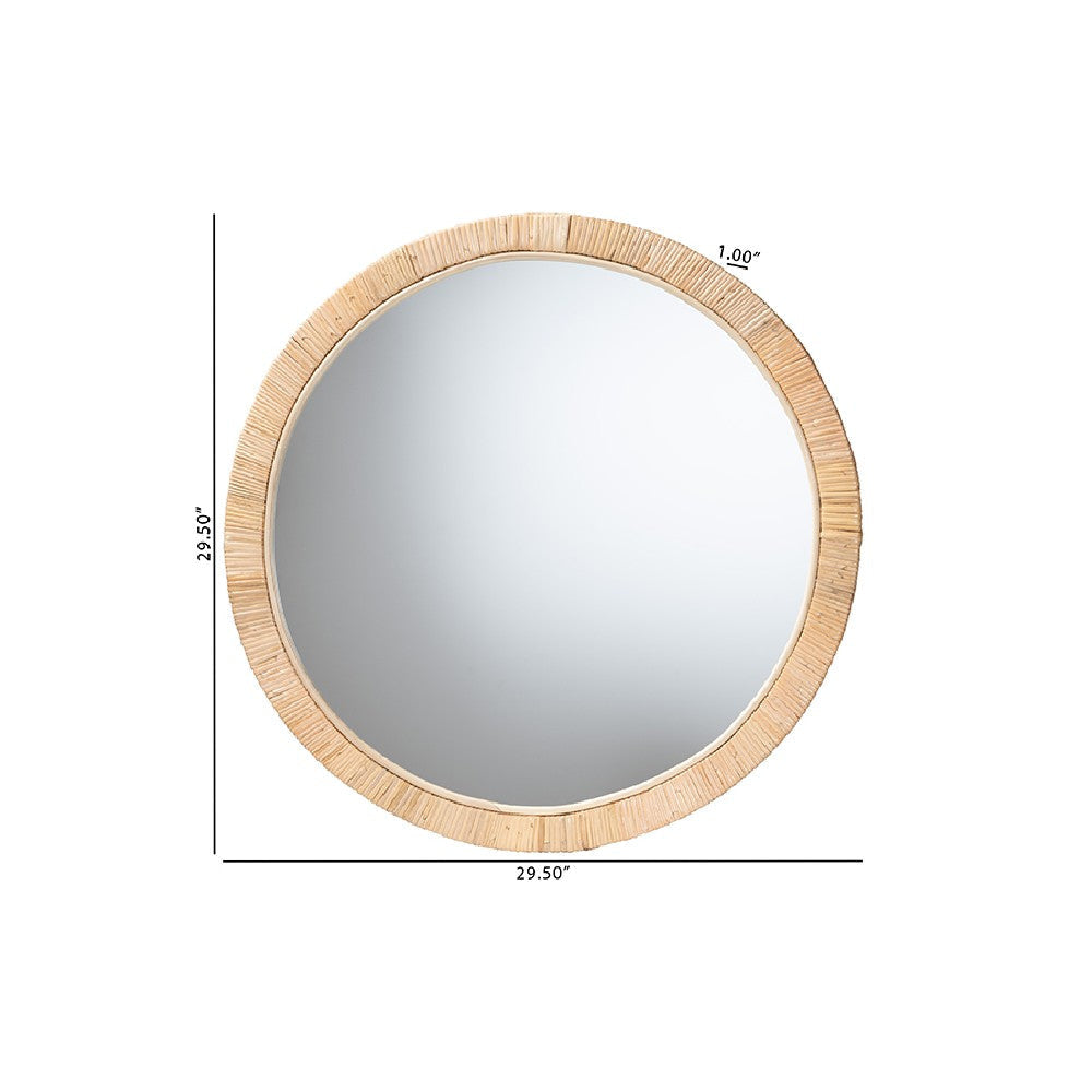bali & pari Bella Modern Bohemian Natural Brown Mahogany Wood and Natural Rattan Round Mirror