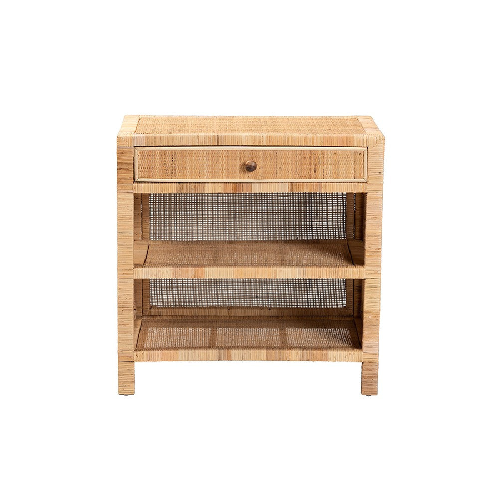 bali & pari Bella Modern Bohemian Natural Brown Mahogany Wood and Natural Rattan 1-Drawer Console Table WHI-Bella-Mahogany-Console