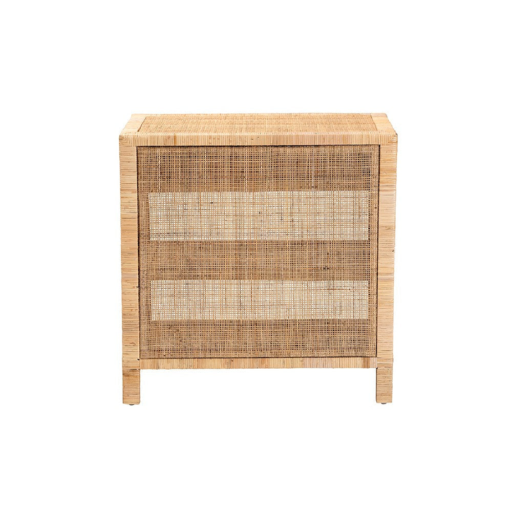 bali & pari Bella Modern Bohemian Natural Brown Mahogany Wood and Natural Rattan 1-Drawer Console Table WHI-Bella-Mahogany-Console