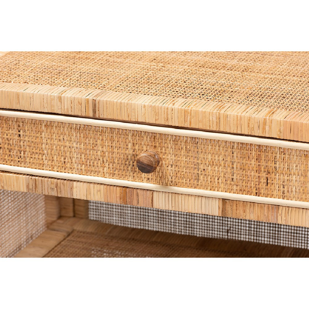 bali & pari Bella Modern Bohemian Natural Brown Mahogany Wood and Natural Rattan 1-Drawer Console Table WHI-Bella-Mahogany-Console