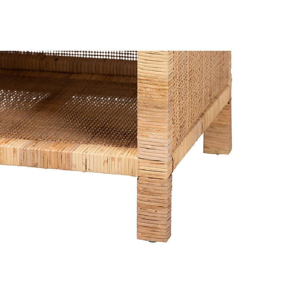 bali & pari Bella Modern Bohemian Natural Brown Mahogany Wood and Natural Rattan 1-Drawer Console Table