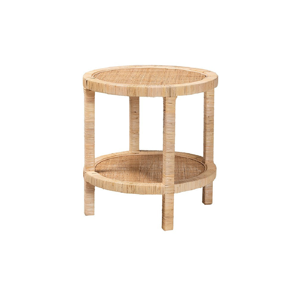 bali & pari Bella Modern Bohemian Natural Brown Mahogany Wood and Natural Rattan 2-Tier End Table WHI-Bella-Mahogany-ET