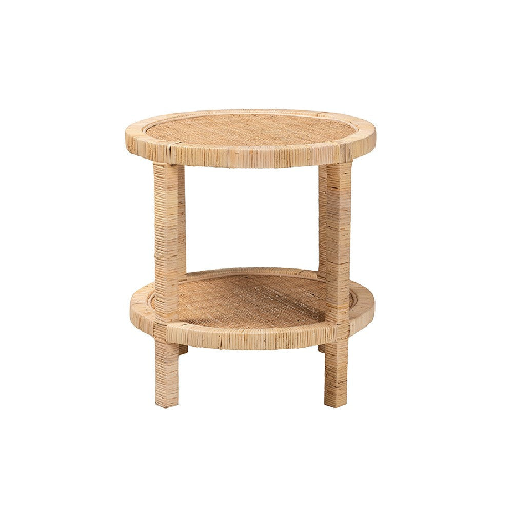 bali & pari Bella Modern Bohemian Natural Brown Mahogany Wood and Natural Rattan 2-Tier End Table WHI-Bella-Mahogany-ET