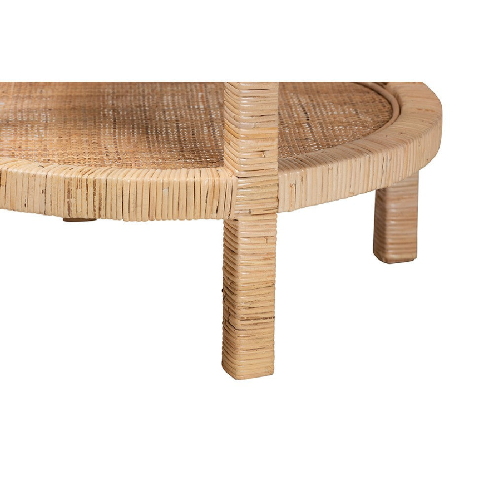 bali & pari Bella Modern Bohemian Natural Brown Mahogany Wood and Natural Rattan 2-Tier End Table WHI-Bella-Mahogany-ET