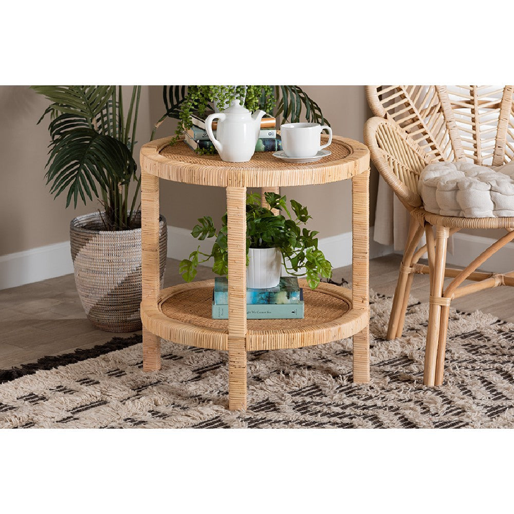 bali & pari Bella Modern Bohemian Natural Brown Mahogany Wood and Natural Rattan 2-Tier End Table WHI-Bella-Mahogany-ET