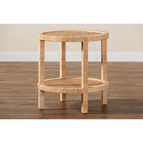 bali & pari Bella Modern Bohemian Natural Brown Mahogany Wood and Natural Rattan 2-Tier End Table