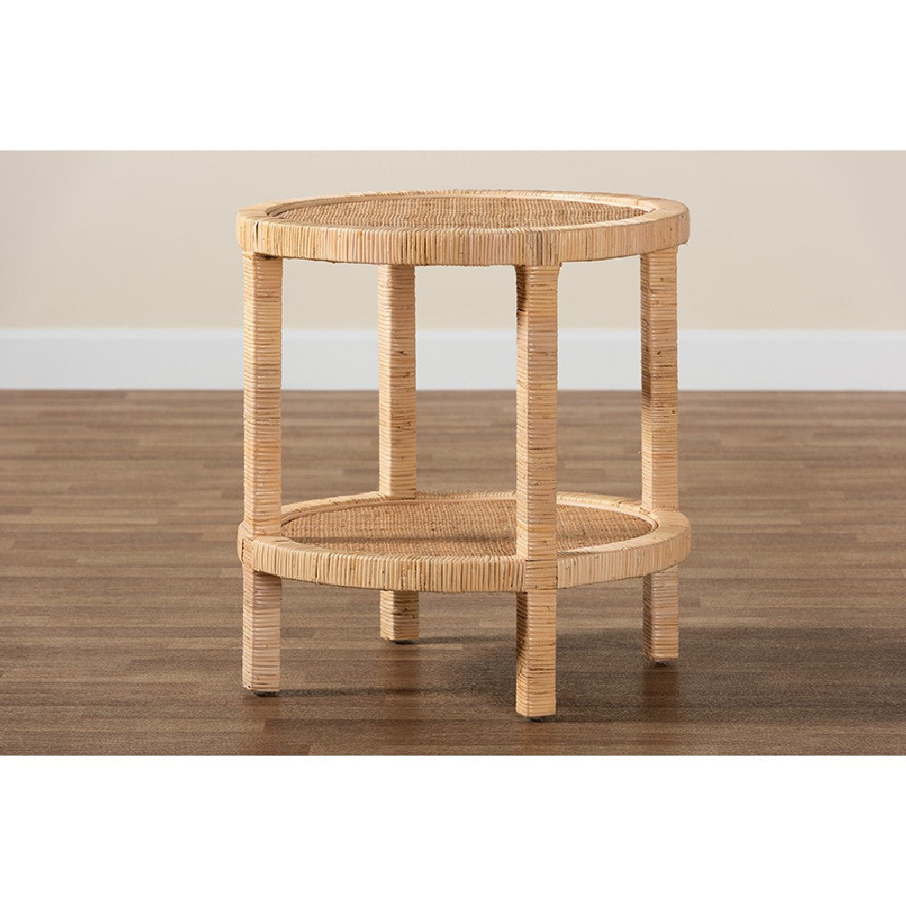 bali & pari Bella Modern Bohemian Natural Brown Mahogany Wood and Natural Rattan 2-Tier End Table