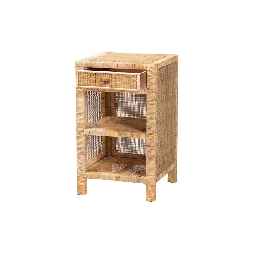 bali & pari Bella Modern Bohemian Natural Brown Mahogany Wood and Natural Rattan 1-Drawer Nightstand WHI-Bella-Mahogany-SM-NS