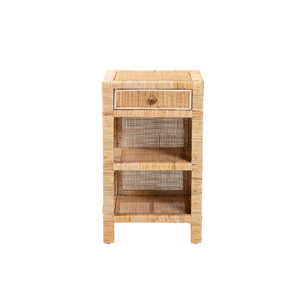 bali & pari Bella Modern Bohemian Natural Brown Mahogany Wood and Natural Rattan 1-Drawer Nightstand WHI-Bella-Mahogany-SM-NS