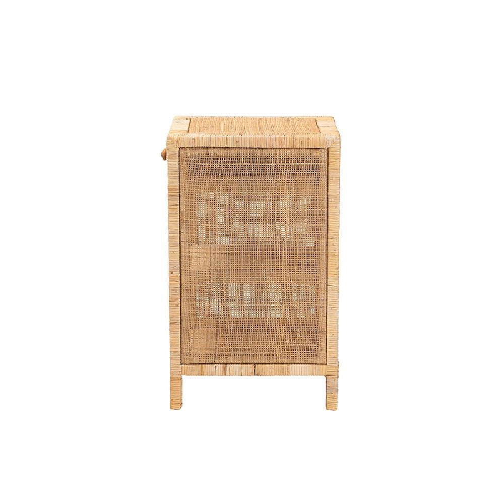bali & pari Bella Modern Bohemian Natural Brown Mahogany Wood and Natural Rattan 1-Drawer Nightstand WHI-Bella-Mahogany-SM-NS