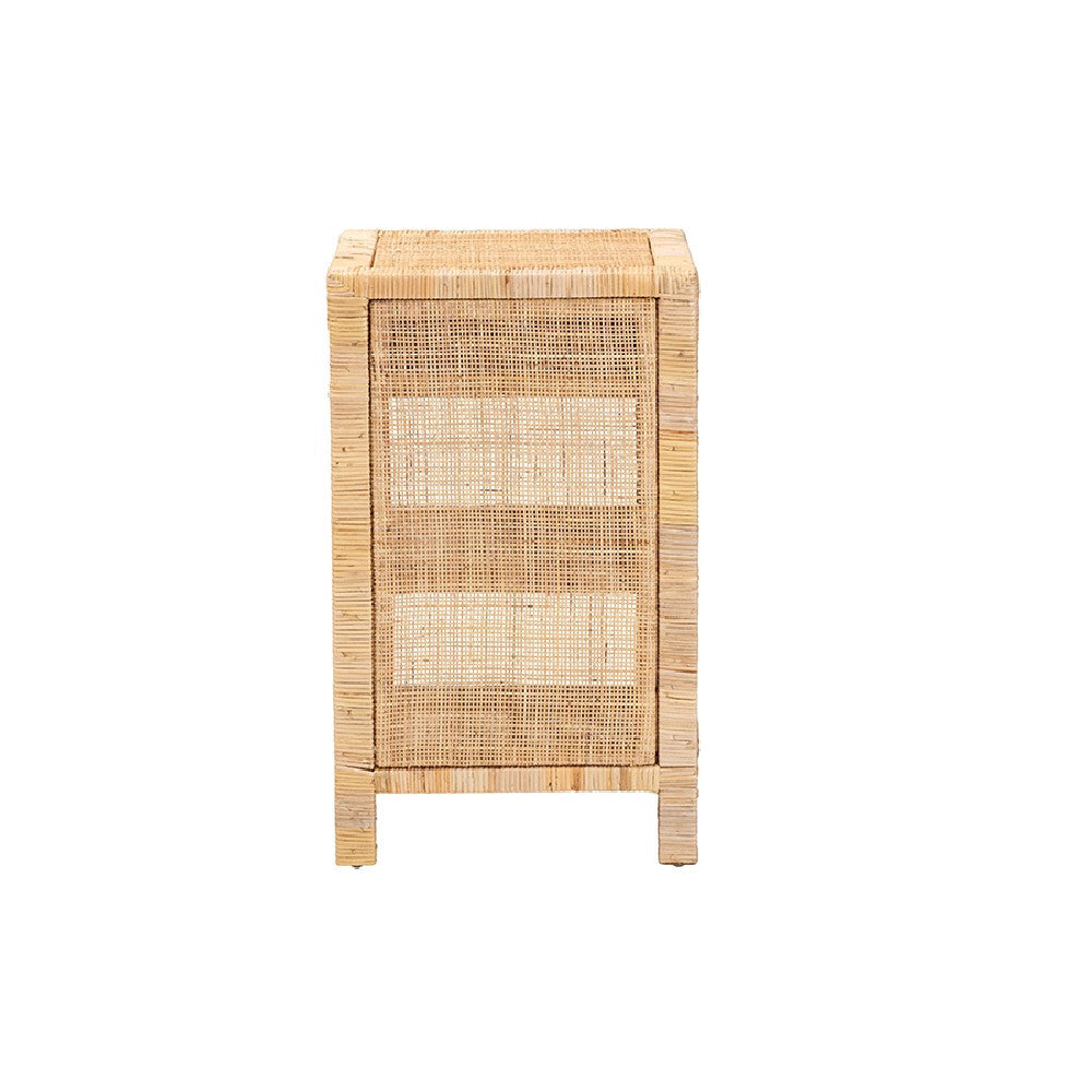 bali & pari Bella Modern Bohemian Natural Brown Mahogany Wood and Natural Rattan 1-Drawer Nightstand WHI-Bella-Mahogany-SM-NS