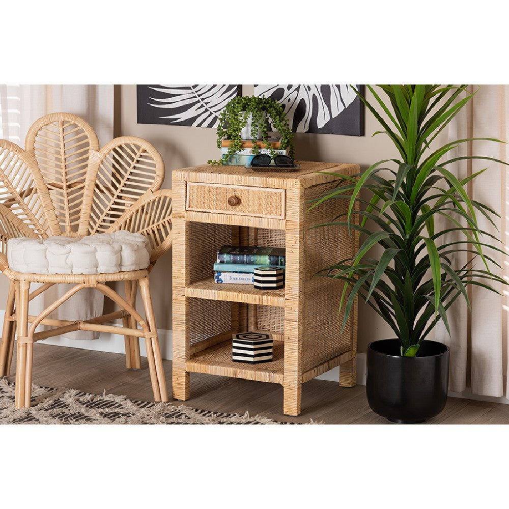 bali & pari Bella Modern Bohemian Natural Brown Mahogany Wood and Natural Rattan 1-Drawer Nightstand WHI-Bella-Mahogany-SM-NS