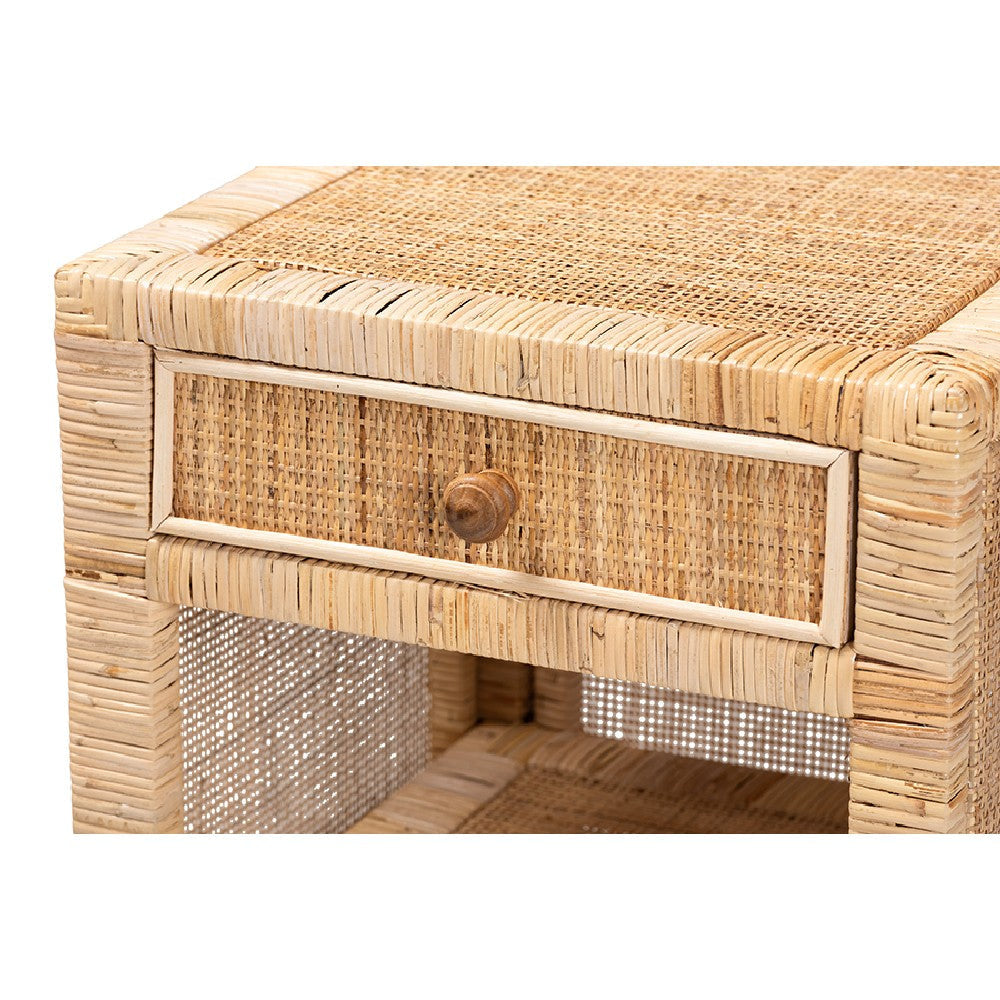bali & pari Bella Modern Bohemian Natural Brown Mahogany Wood and Natural Rattan 1-Drawer Nightstand WHI-Bella-Mahogany-SM-NS