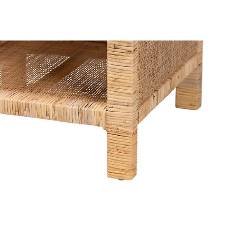bali & pari Bella Modern Bohemian Natural Brown Mahogany Wood and Natural Rattan 1-Drawer Nightstand
