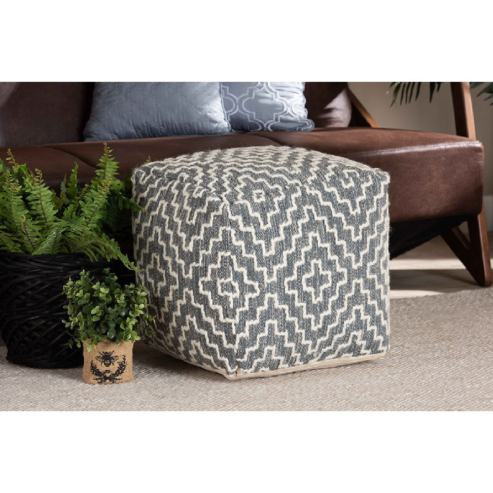 Baxton Studio Benjamin Modern and Contemporary Bohemian Grey and Ivory Handwoven Cotton Blend Pouf Ottoman WHI-Benjamin-Grey-Ivory-Pouf