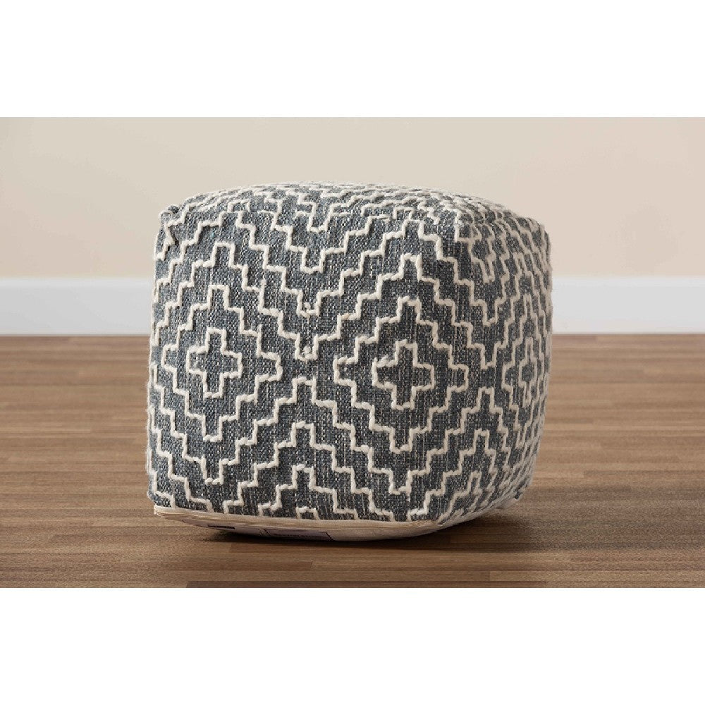 Baxton Studio Benjamin Modern and Contemporary Bohemian Grey and Ivory Handwoven Cotton Blend Pouf Ottoman WHI-Benjamin-Grey-Ivory-Pouf