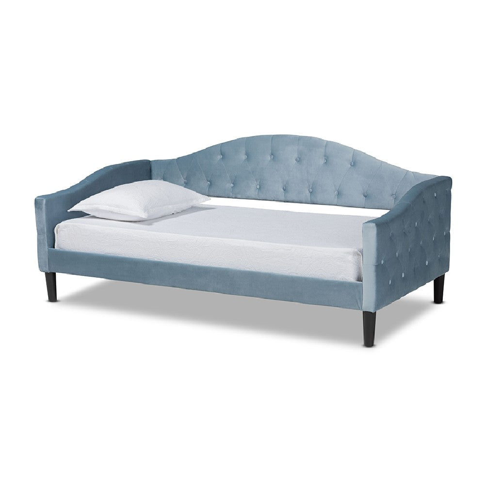 Baxton Studio Benjamin Modern and Contemporary Light Blue Velvet Fabric Upholstered and Dark Brown Finished Wood Full Size Daybed