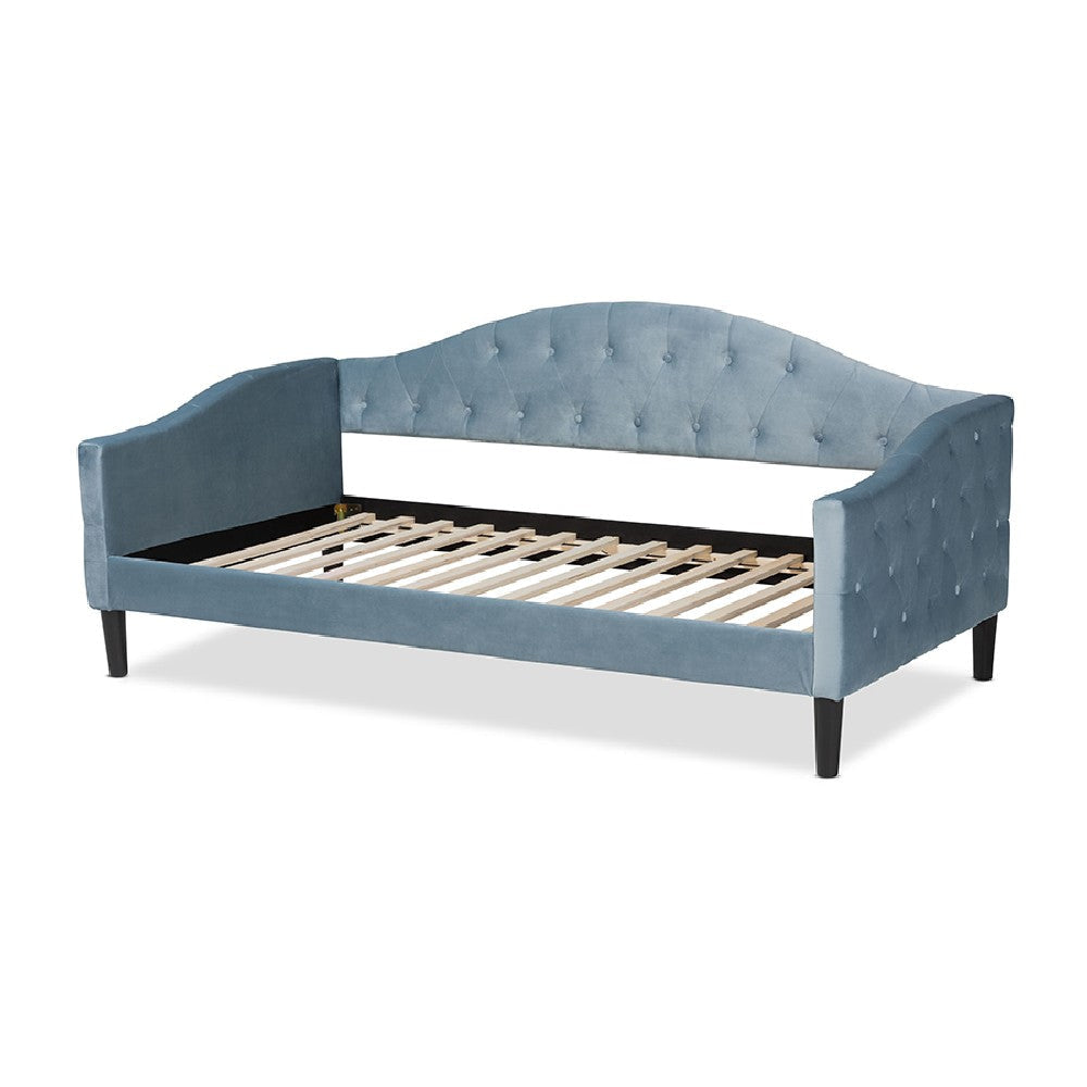 Baxton Studio Benjamin Modern and Contemporary Light Blue Velvet Fabric Upholstered and Dark Brown Finished Wood Full Size Daybed