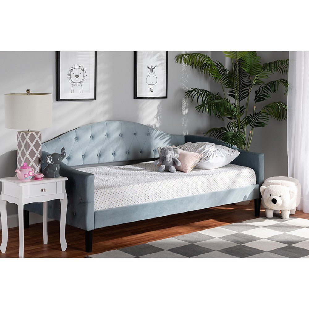 Baxton Studio Benjamin Modern and Contemporary Light Blue Velvet Fabric Upholstered and Dark Brown Finished Wood Full Size Daybed