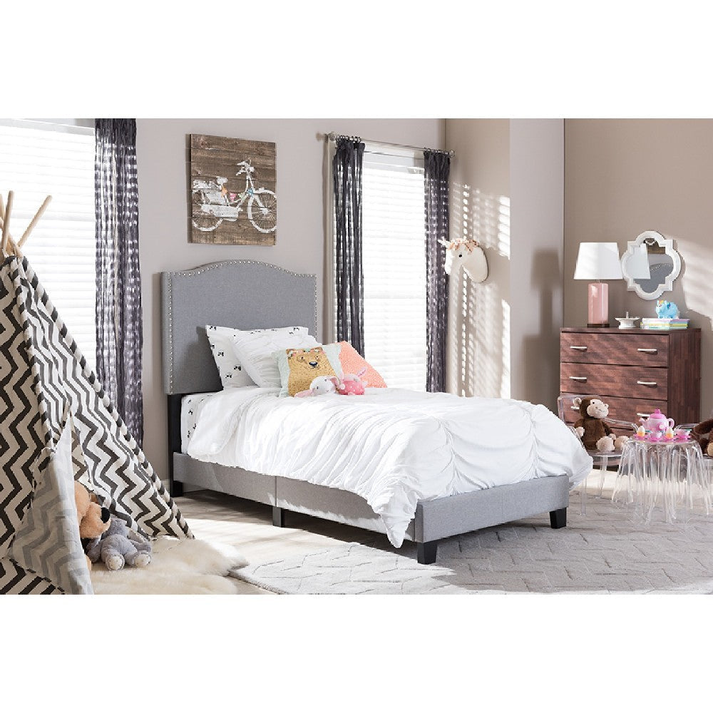 Baxton Studio Benjamin Modern and Contemporary Grey Fabric Upholstered Twin Size Arched Bed with Nail Heads
