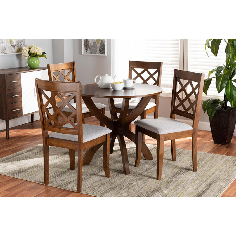 Baxton Studio Beth Modern and Contemporary Grey Fabric Upholstered and Walnut Brown Finished Wood 5-Piece Dining Set