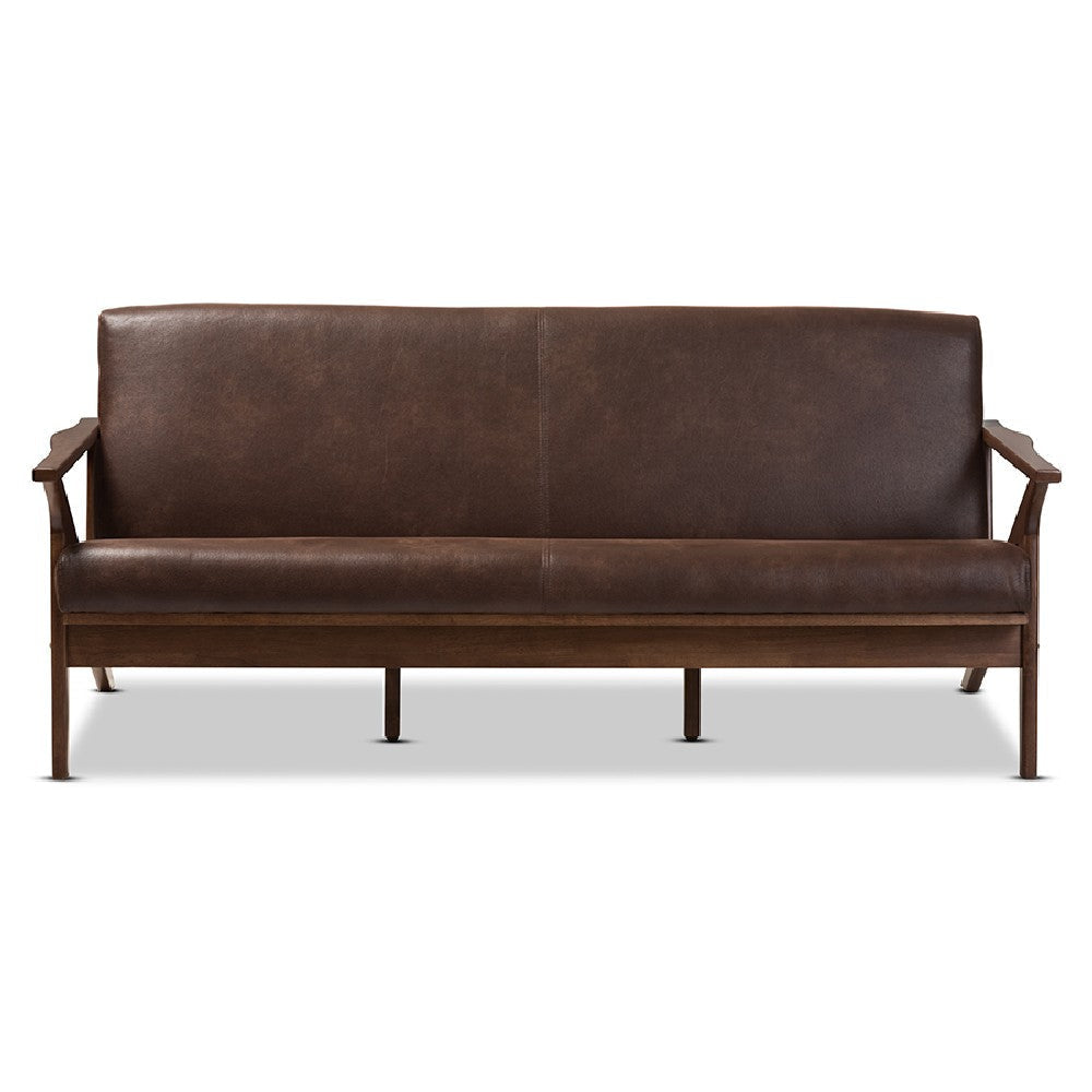 Baxton Studio Bianca Mid-Century Modern Walnut Wood Dark Brown Distressed Faux Leather 3-Seater Sofa WHI-Bianca-Dark-Brown-Walnut-Brown-SF