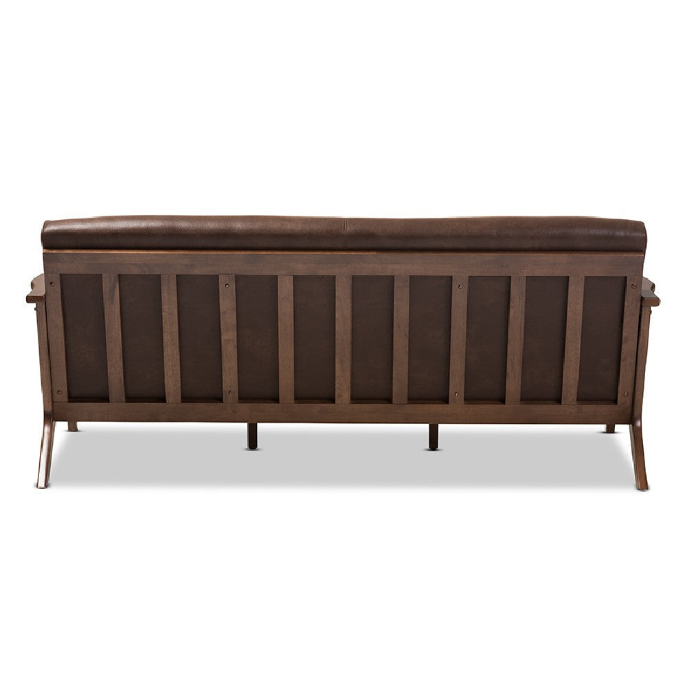 Baxton Studio Bianca Mid-Century Modern Walnut Wood Dark Brown Distressed Faux Leather 3-Seater Sofa WHI-Bianca-Dark-Brown-Walnut-Brown-SF