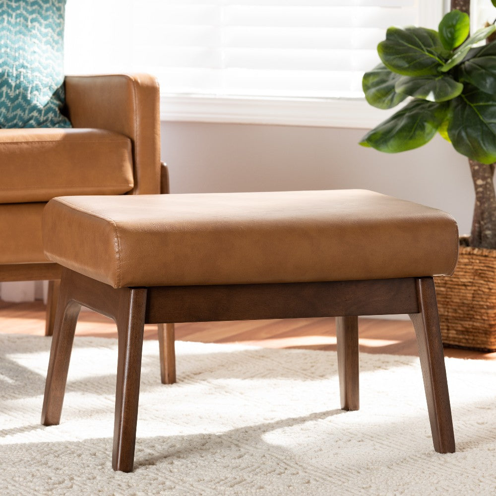 Baxton Studio Bianca Mid-Century Modern Walnut Brown Finished Wood and Tan Faux Leather Effect Ottoman WHI-Bianca-Tan-Walnut-Brown-Otto