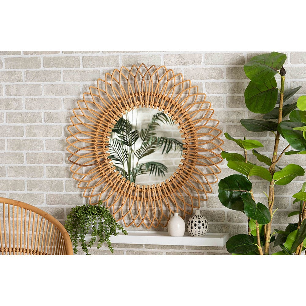 bali & pari Bora Modern Bohemian Natural Brown Rattan Accent Wall Mirror WHI-Bora-Rattan-Mirror