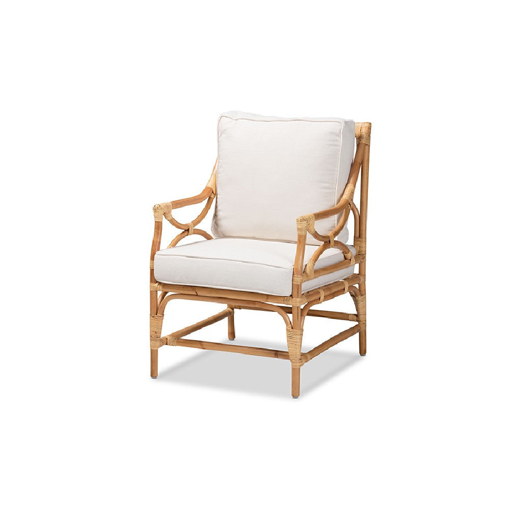 bali & pari Brandon Modern Bohemian White Fabric Upholstered and Natural Brown Rattan Armchair WHI-Brandon-Rattan-Armchair