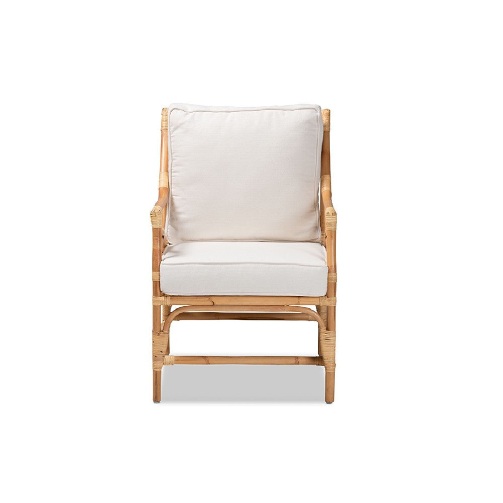 bali & pari Brandon Modern Bohemian White Fabric Upholstered and Natural Brown Rattan Armchair WHI-Brandon-Rattan-Armchair