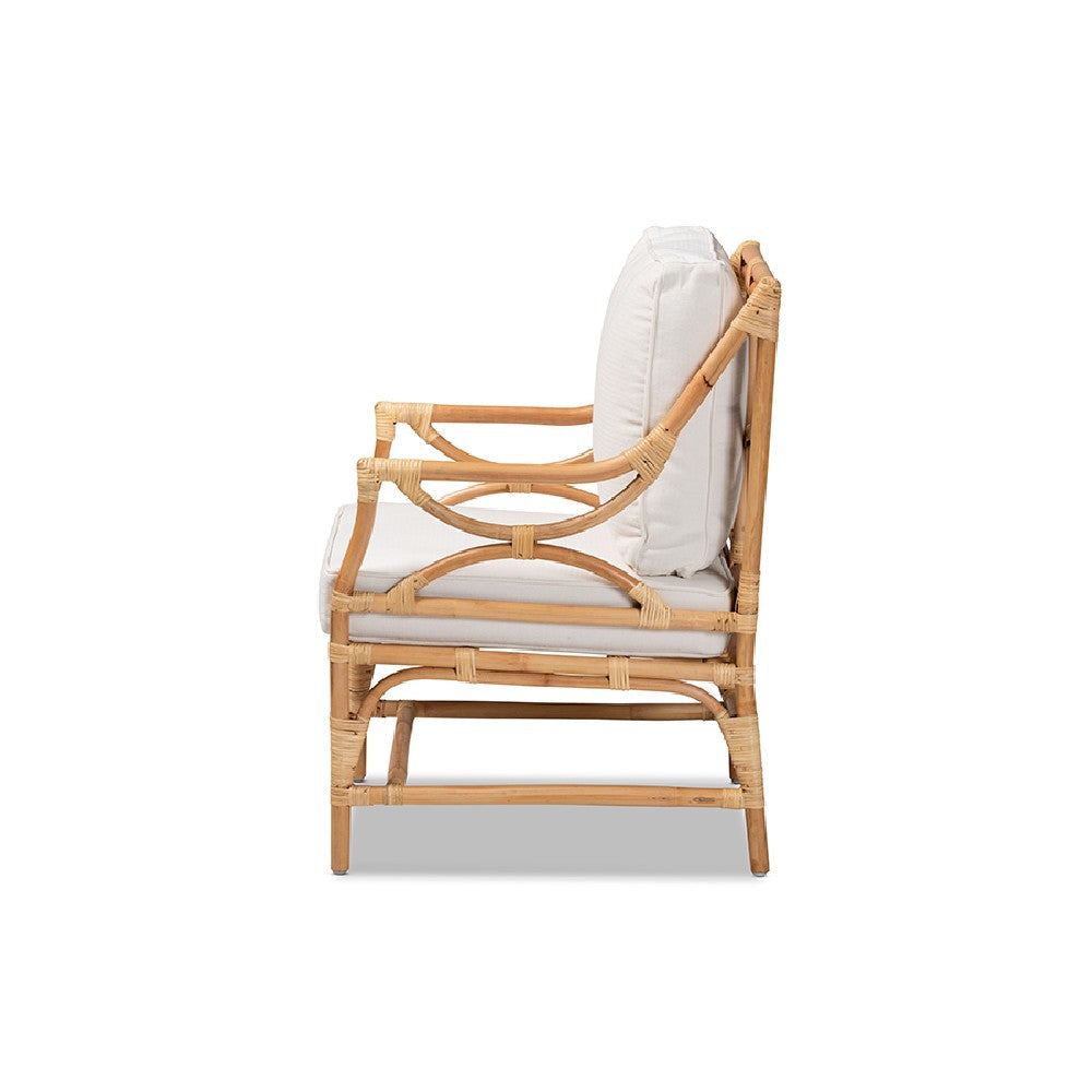 bali & pari Brandon Modern Bohemian White Fabric Upholstered and Natural Brown Rattan Armchair WHI-Brandon-Rattan-Armchair