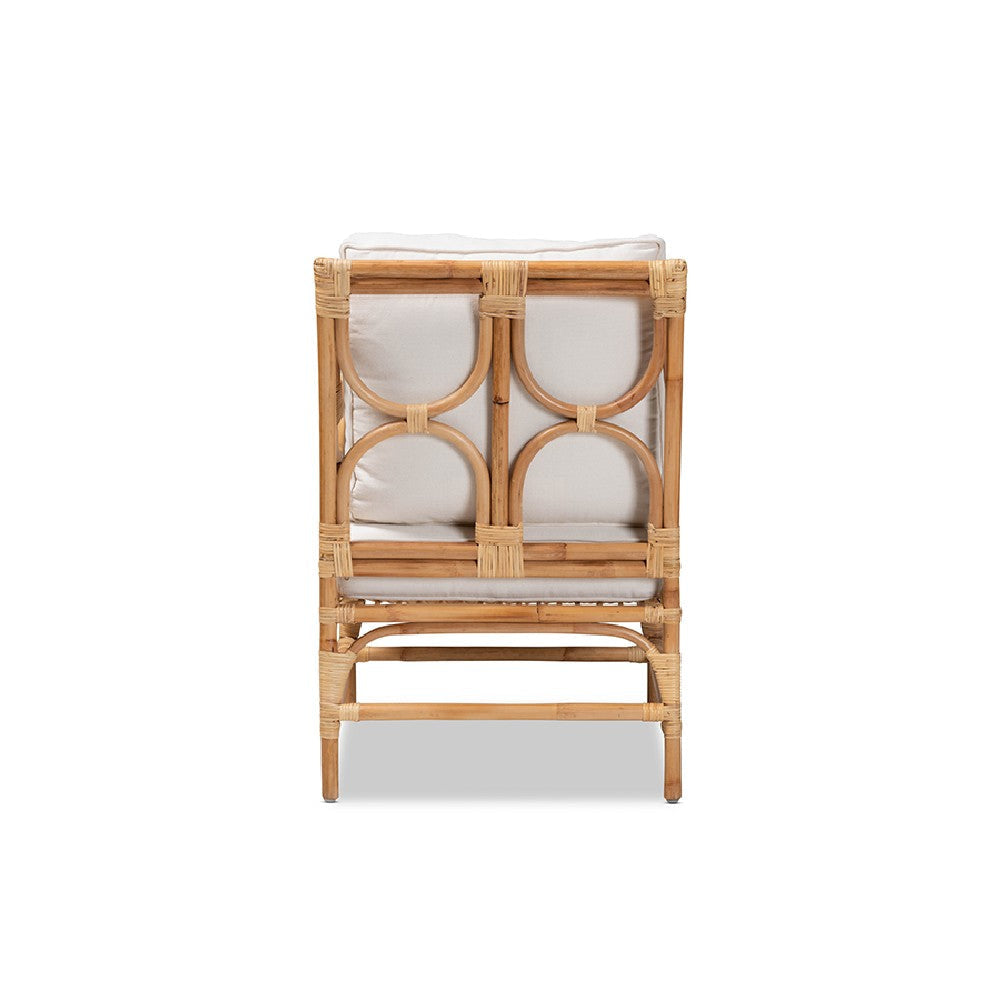 bali & pari Brandon Modern Bohemian White Fabric Upholstered and Natural Brown Rattan Armchair WHI-Brandon-Rattan-Armchair