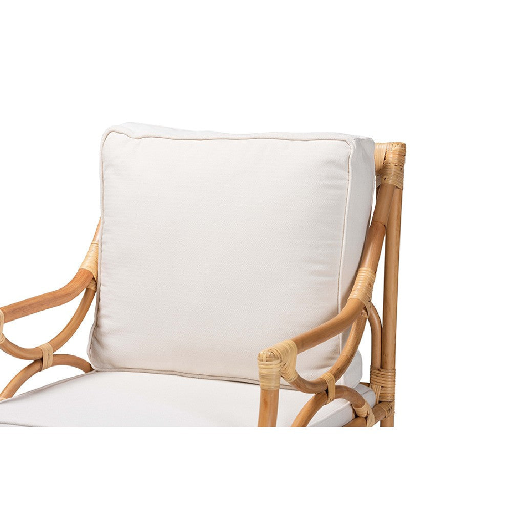 bali & pari Brandon Modern Bohemian White Fabric Upholstered and Natural Brown Rattan Armchair WHI-Brandon-Rattan-Armchair