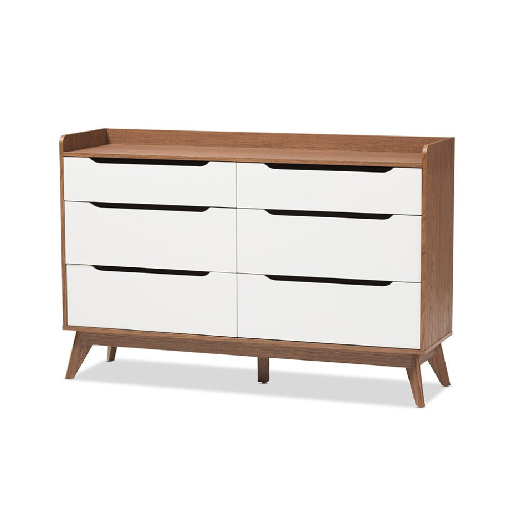 Baxton Studio Brighton Mid-Century Modern White and Walnut Wood 6-Drawer Storage Dresser WHI-Brighton-Walnut-White-6DW-Chest