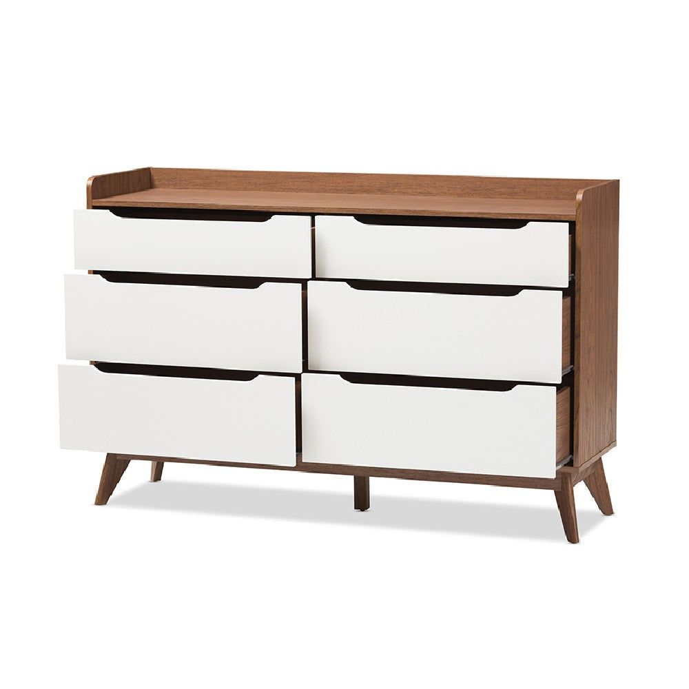 Baxton Studio Brighton Mid-Century Modern White and Walnut Wood 6-Drawer Storage Dresser WHI-Brighton-Walnut-White-6DW-Chest