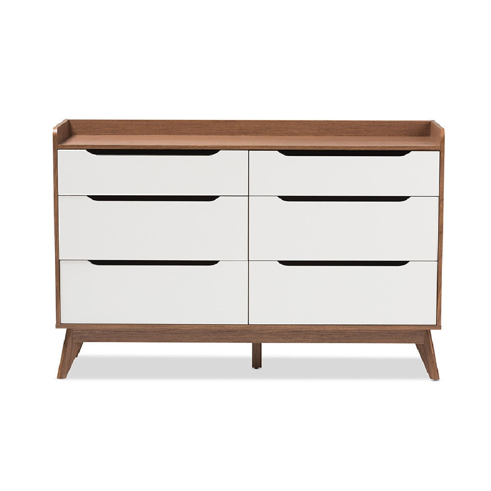 Baxton Studio Brighton Mid-Century Modern White and Walnut Wood 6-Drawer Storage Dresser WHI-Brighton-Walnut-White-6DW-Chest