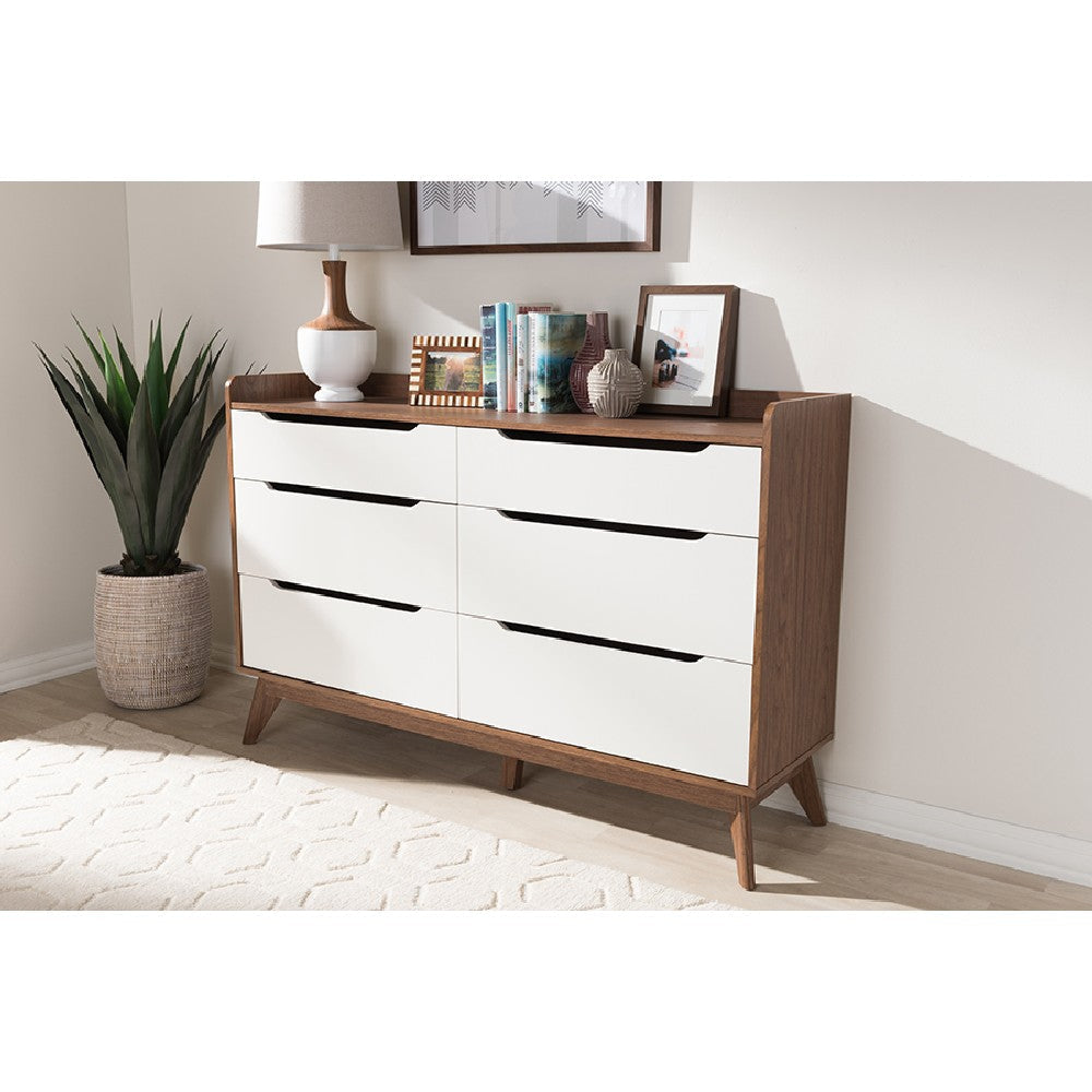 Baxton Studio Brighton Mid-Century Modern White and Walnut Wood 6-Drawer Storage Dresser WHI-Brighton-Walnut-White-6DW-Chest