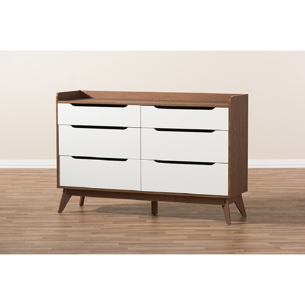 Baxton Studio Brighton Mid-Century Modern White and Walnut Wood 6-Drawer Storage Dresser