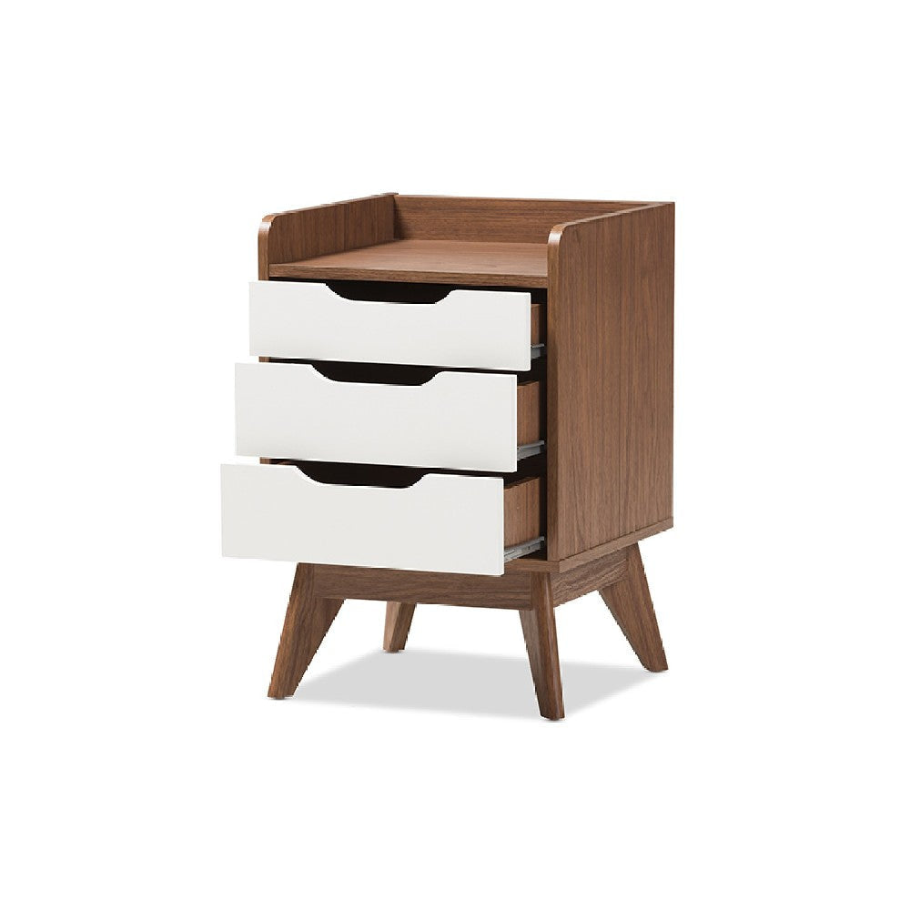 Baxton Studio Brighton Mid-Century Modern White and Walnut Wood 3-Drawer Storage Nightstand WHI-Brighton-Walnut-White-NS