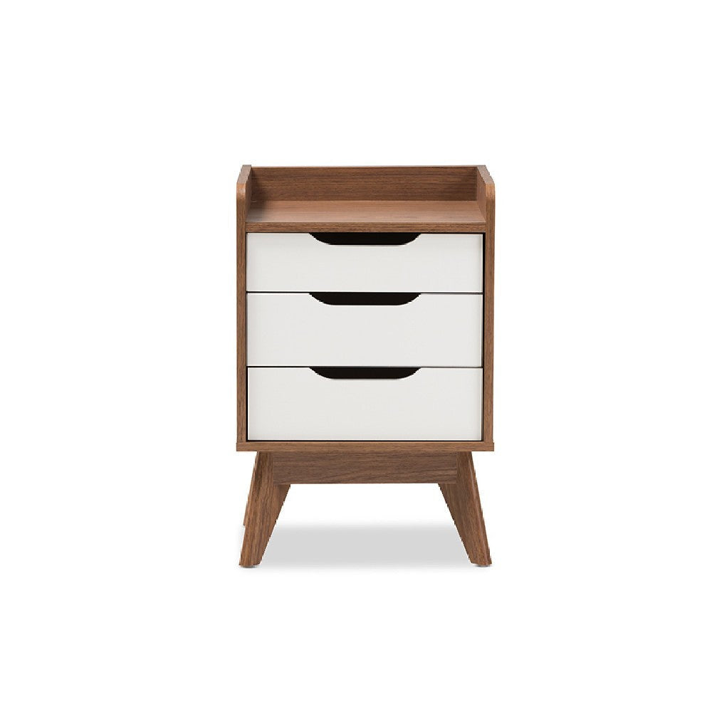 Baxton Studio Brighton Mid-Century Modern White and Walnut Wood 3-Drawer Storage Nightstand WHI-Brighton-Walnut-White-NS