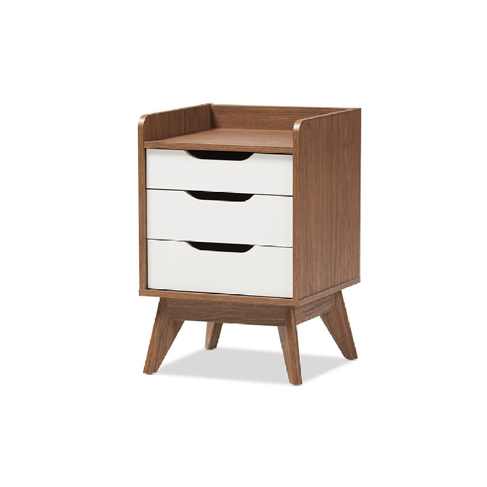 Baxton Studio Brighton Mid-Century Modern White and Walnut Wood 3-Drawer Storage Nightstand WHI-Brighton-Walnut-White-NS