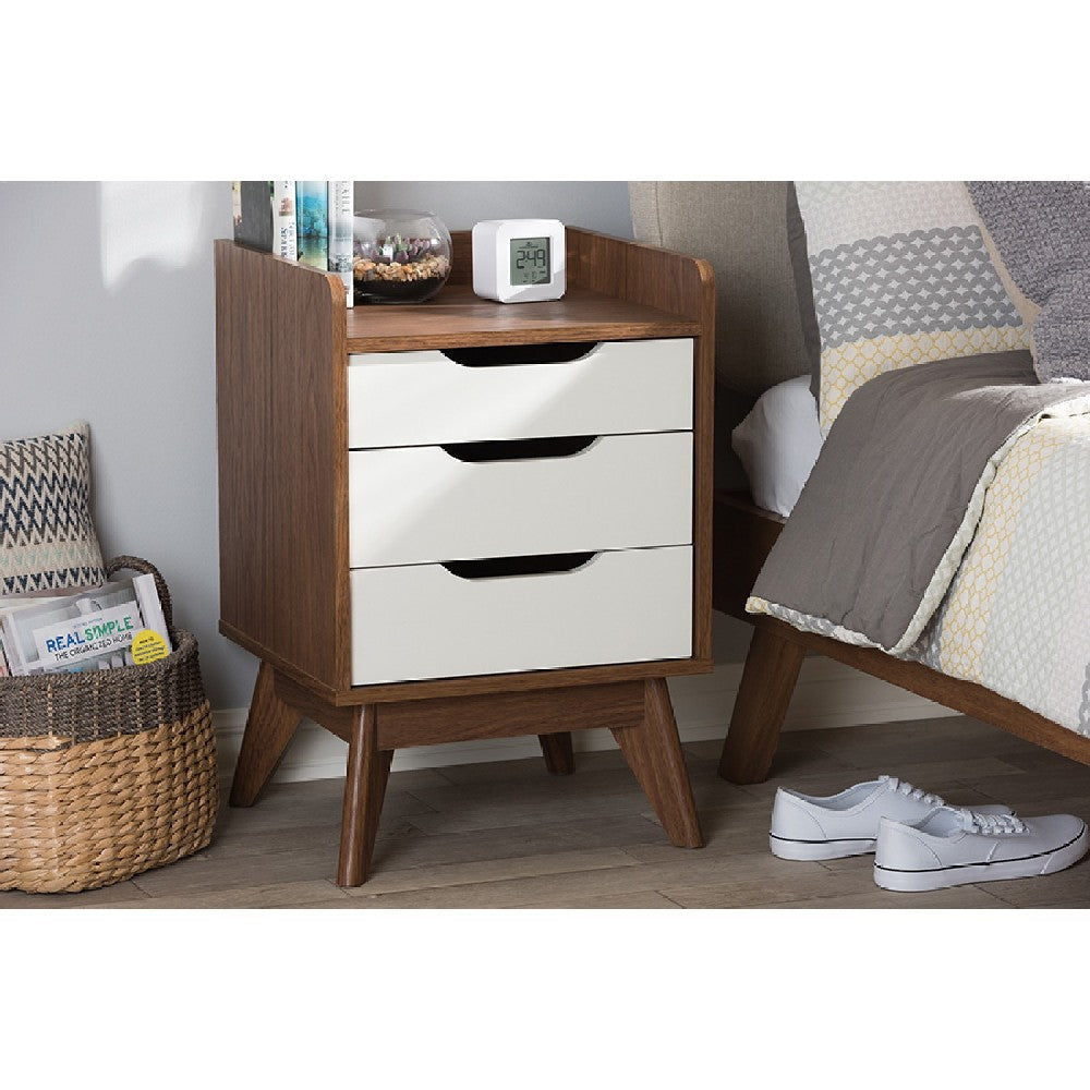 Baxton Studio Brighton Mid-Century Modern White and Walnut Wood 3-Drawer Storage Nightstand WHI-Brighton-Walnut-White-NS