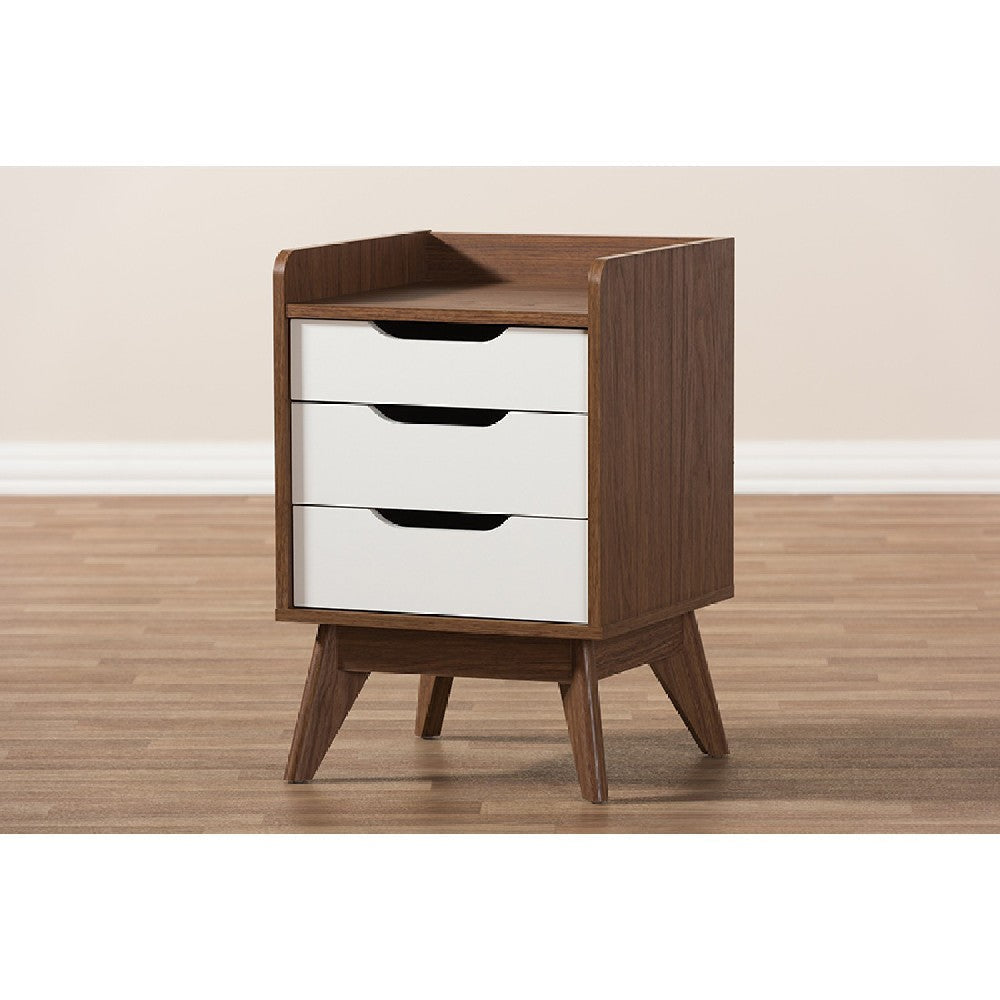 Baxton Studio Brighton Mid-Century Modern White and Walnut Wood 3-Drawer Storage Nightstand WHI-Brighton-Walnut-White-NS