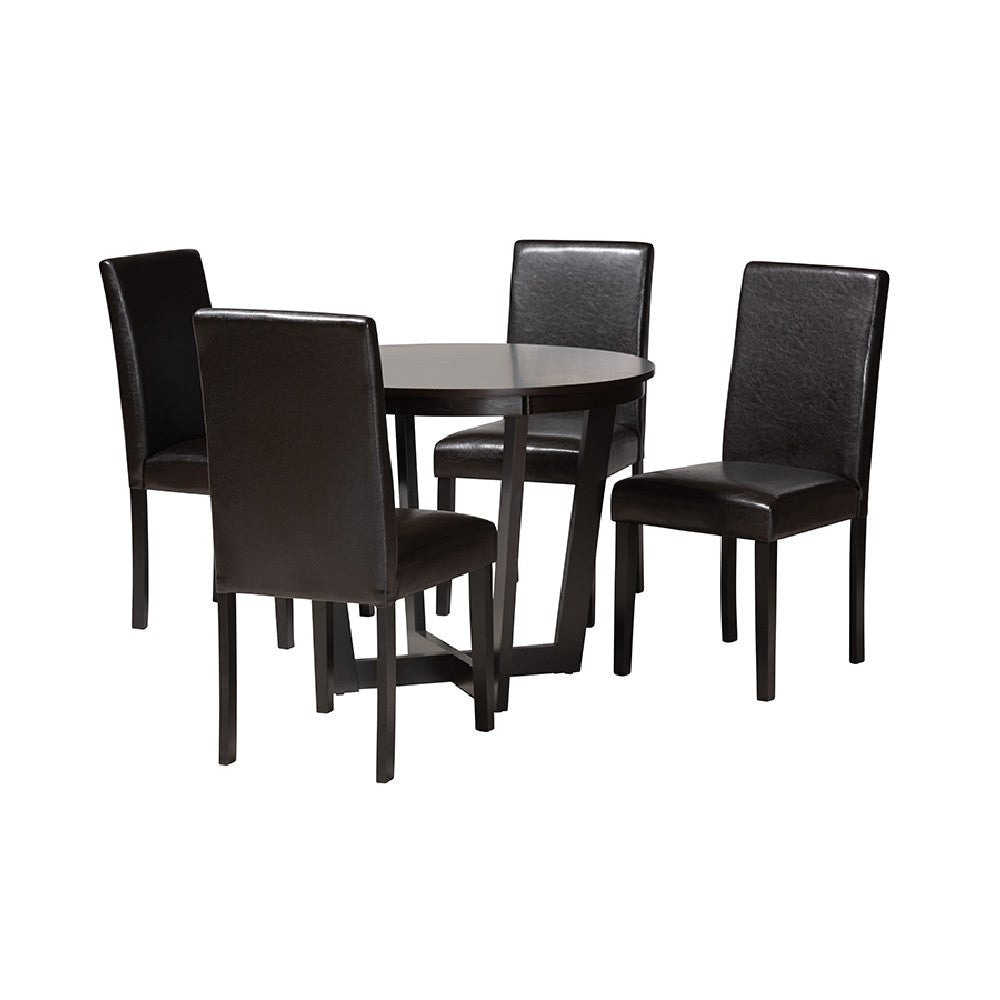 Baxton Studio Bruna Modern Dark Brown Faux Leather and Espresso Brown Finished Wood 5-Piece Dining Set WHI-Bruna-Dark-Brown-5PC-Dining-Set